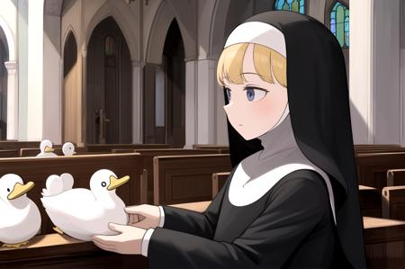 littlenuns, 1girl, nun, church, duck <lora:littlenuns-000020:0.6>, masterpiece, best quality