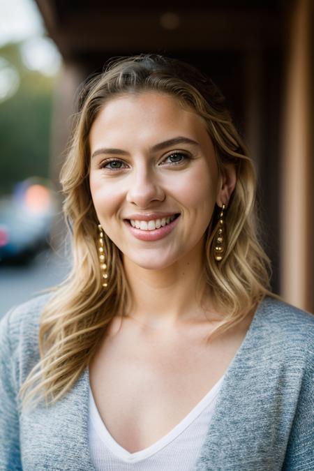Realistic photo of a beautiful sc4rl3ttj-v2 woman,  1girl, solo, long hair, looking at viewer, smile, simple background, (((blonde hair))), jewelry, earrings, teeth, grin, lips, gem, portrait, realistic, soft lighting, professional Photography, Photorealistic, detailed, RAW, analog, sharp focus, 8k, HD, DSLR, high quality, Fujifilm XT3, film grain, award winning, masterpiece<lora:sc4rl3ttj-v2:1.0>