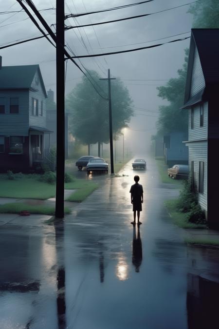 <lora:Gregory Crewdson Style:1>Gregory Crewdson Style - Make moody Gregory Crewdson ultra realistic photo with mist after rain and wet urban environment