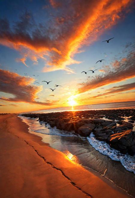 Seabirds, returning to their coastal roosts, traverse the sky in graceful formations, their wings ablaze with the fiery hues of the setting sun. The distant horizon, where the sun dips below the edge of the world, casts long shadows that stretch across the sands, creating a transient interplay of light and shadow by Al Williamson,  (panoramic , artstyle-art deco but extremely beautiful:1.4), (intricate details, masterpiece, best quality:1.4)
Terragen, beautiful massive landscape, epic scenery, Terragen, , looking at viewer
<lora:add-detail-xl:1> <lora:xl_more_art-full_v1:0.5>  <lora:looking_at_viewer:2>