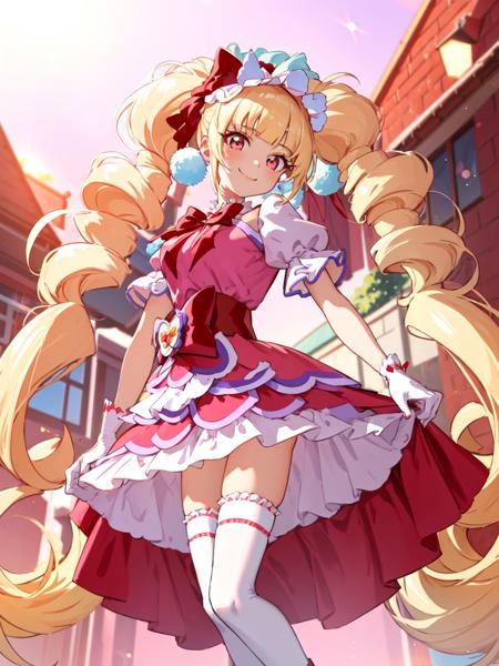 cure macherie twintails, pom pom earrings, pink ribbon, white gloves, frilled thighhighs, red boots, puffy sleeves, layered dress, porch, wrist bow, jewelry