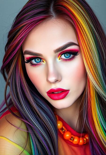 a gorgeous 25 years old caucasian woman, long dyed hair in rainbow pattern, long black eyelashes, black eyeliner defines her beautiful grey eyes, colorful eyeshadow in rainbow blend in, luscious sensual colorful lips in rainbow blend in, rouge, dress with colorful rainbow veils, looking at viewer playfully and naughtily