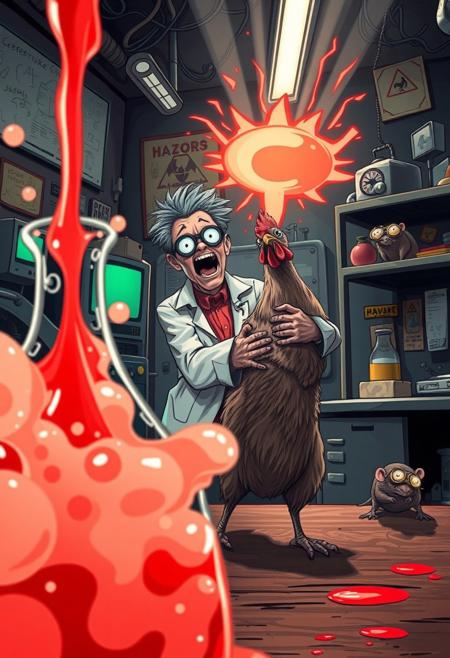 Split focus shot inside a wacky science lab where the foreground shows a beaker foaming with viscous Fire Red goo, bubbles stretching and popping with cartoonish elasticity. In the background, a wild-eyed scientist in a torn lab coat clutches a chicken with three eyes, both of them screaming in unison. The walls are covered in chaotic sketches, blinking monitors, and hazard signs scrawled in comedic graffiti. The Fire Red goo emits exaggerated light beams, casting surreal reflections on the lab’s metallic surfaces. Wires dangle dangerously, while mutated rats with goggles scurry across shelves. The lighting enhances the drama—thick black shadows contrast with the glowing red core of the experiment gone wrong. The split focus emphasizes the absurdity of the invention and the escalating panic in the background, all rendered in a bold, exaggerated illustrative style.
