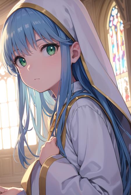 index, (green eyes:1.5), blue hair, long hair, habit, long sleeves, nun, robe, white robe, wide sleeves,