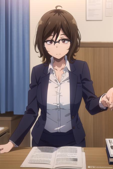 owarihajime, <lora:owari hajime s2-lora-nochekaiser:1>,
owari hajime, brown hair, (brown eyes:1.5), glasses, over-rim eyewear,
BREAK skirt, shirt, jacket, formal, suit, office lady,
BREAK indoors,
BREAK looking at viewer,
BREAK <lyco:GoodHands-beta2:1>, (masterpiece:1.2), best quality, high resolution, unity 8k wallpaper, (illustration:0.8), (beautiful detailed eyes:1.6), extremely detailed face, perfect lighting, extremely detailed CG, (perfect hands, perfect anatomy),