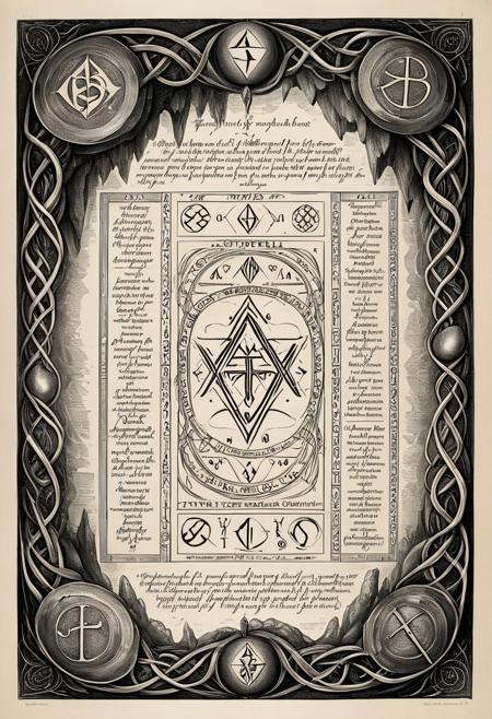 ztext Glyphs. Runes. Mystic runes.
copperplate engraving
Forgotten lore of an elder's twisted design of an ultimate spell. Faustian cave. Old tomes. 
Dark. Mysterious. Eerie. Unsettling. Dark fantasy. Style of: Goltzius, William Blake