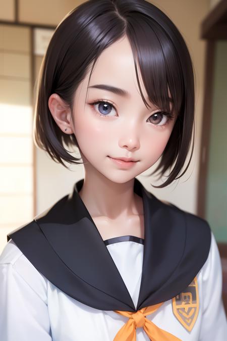 (mastepiece:1.2, Best Quality, Photo Real Stick), 1girl, YUN_K, (japanese actress, japanese face, kawaii), pixie cut:1.2, dark-brown hair, black eyes,, School uniform, face close-up, face focus, looking at viewer, upper body, smile lightly without opening your mouth,