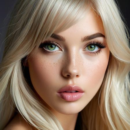 (masterpiece), (ultra-detailed portrait), (cinematic lighting), close-up headshot of a gorgeous young woman with pale tan skin, subtle warm undertone, and freckles dusted across her cheeks and nose. Her long platinum blonde hair frames her face in soft waves with thick straight bangs falling just above her large almond-shaped light green eyes. She’s staring directly at the viewer with a slow-burning, seductive gaze — lids slightly lowered, lashes heavy with mascara, black winged eyeliner sharp. Her mouth is parted slightly, revealing glossy pink lips and the edge of her tongue against her teeth. Her expression is calm, teasing, and intensely magnetic. Her defined cupid’s bow and slightly flushed cheeks add to the sultry atmosphere. She wears no top — only her collarbones and bare shoulders are visible. Background fades into a soft blur of purples and shadows with rim light outlining her hair. Flawless skin texture, editorial sensuality, intimate, glamorous, focused on face symmetry and sexual charisma.
