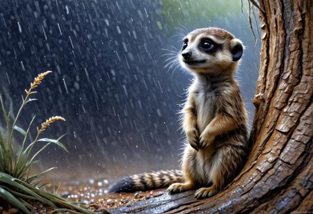 A delightful watercolor illustration in the style of Jean-Baptiste Monge, close-up on 
capture a loner, 
adorable meerkat seeking shelter under a tree trunk on a rainy day, 
dominating the unique spectacle of the downpour, 
presents a close-up of the meerkat's brilliance, 
reflective eyes, 
intricate floral backdrop, 
and the texture of his tail too fluffy, 
enhanced by ultra HD clarity and vivid colors, 
similar