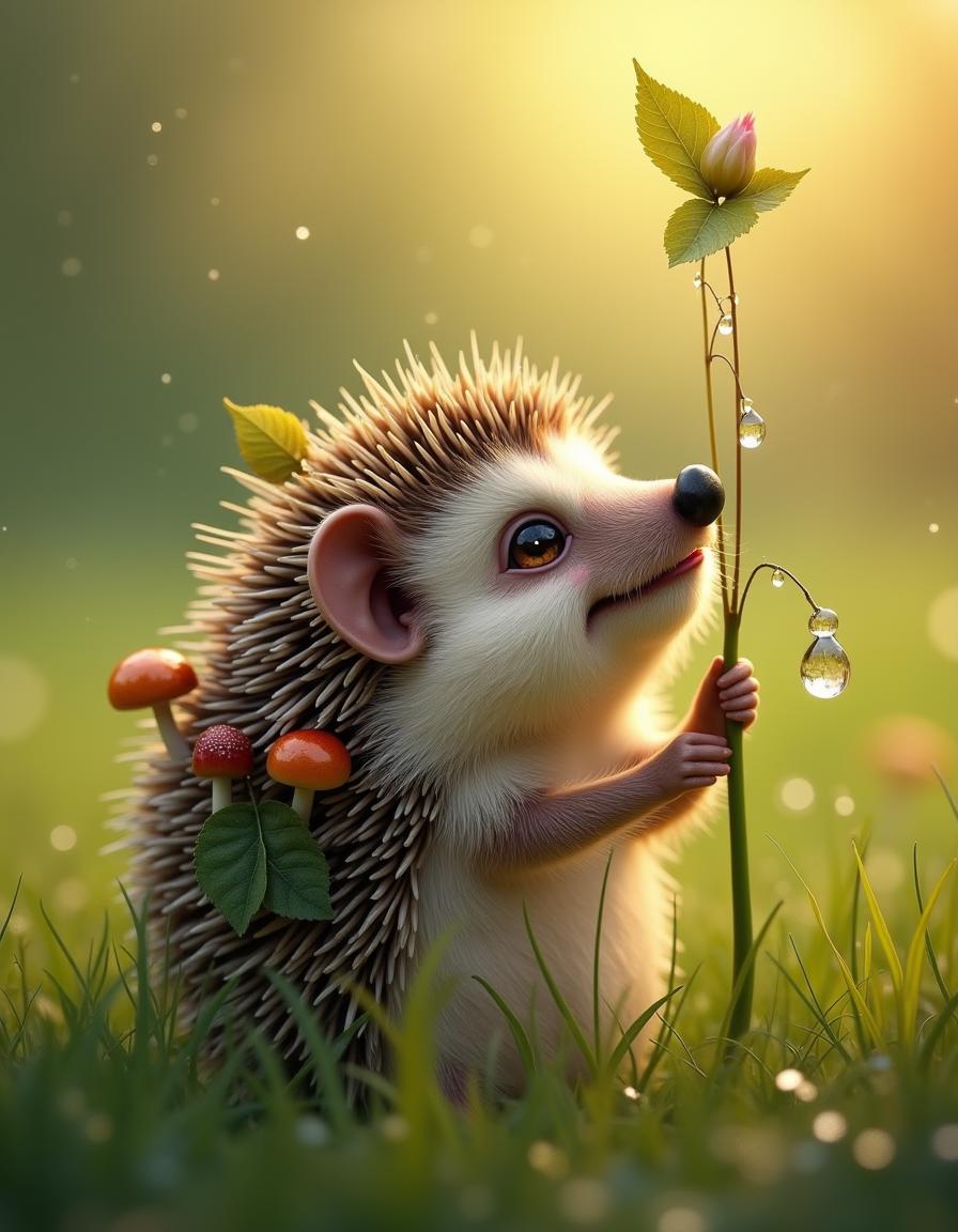 A cute hyperrealistic scene where a little hedgehog reaches for a drop of dew hanging on a blade of grass. The hedgehog has sad big golden eyes, a black wet nose and a small red tongue. He tries to lick the drop of dew with his tongue. The hedgehog has several leaves, one mushroom and an apple stuck to his back on his spines. The hedgehog's fur is shaggy and wet in places, because he ran on wet grass. There is green wet grass around and the morning sun's rays are reflected in every drop of water. Close-up, super detailed.