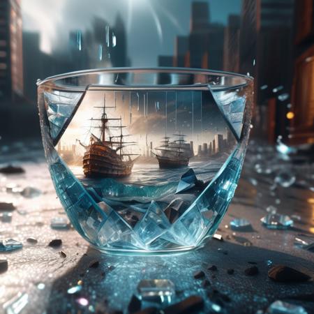 glassworld, raw photo cinematic still, rule of thirds, 8k, hdr, A glass of water in the middle of a tornado, cyberpunk cityscape, glittering diamonds, water made of glittering diamonds, white, glittering diamonds with a ship inside the cup inside another cup,zoom in