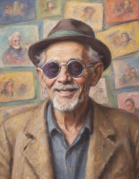 drawing with pastels portrait of a cheerful bohemian old man with a goatee in sunglasses and retro clothing background wall covered in old concert posters