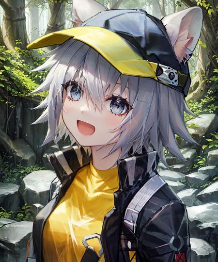 masterpiece, best quality, <lora:ClickV1:0.7>, click \(arknights\), 1girl, solo, mouse girl, short hair, grey hair, hair between eyes, blue eyes, black baseball cap, yellow shirt, black jacket, black skirt, animal ears, open jacket, :d, looking at viewer, portrait, close-up, face, forest