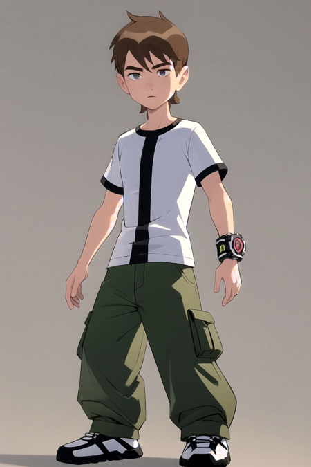 masterpiece, best quality, 1boy, bentennyson, cargo pants, shirt, bracelet, simple background  <lora:Ben10:1>