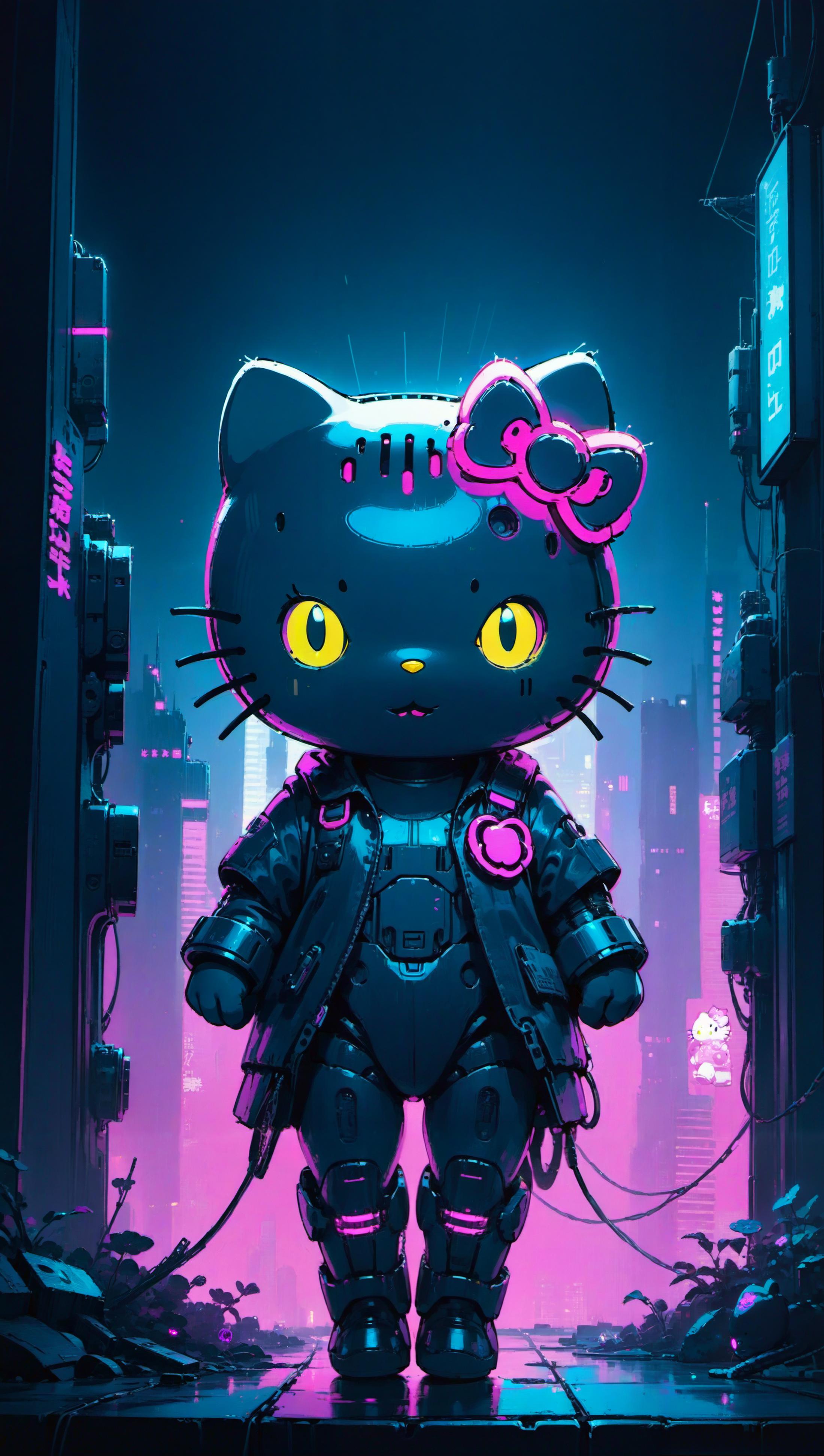 A Hello Kitty figurine wearing a black leather jacket and holding a weapon.