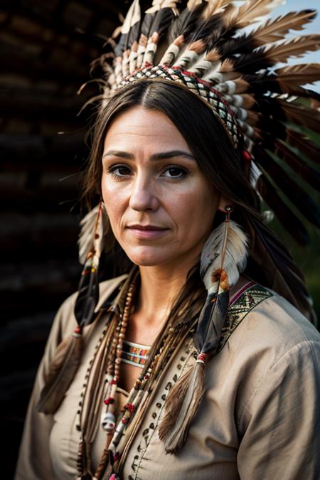 <lora:Suranne_Jones:1> masterpiece, best quality, detailed face, a mature s1873j, 1girl, solo, native american costume ,  hut , dusk