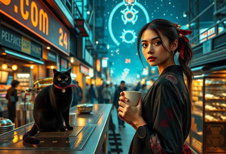 Setting is a futuristic cyberpunk street market at night, the market is comprised of street vendors selling robot parts, food, weapons, and robot pets. People wearing futuristic cyberpunk clothing are walking through the street market shopping and eating, A sleek black cat with red collar sits on a cluttered metal riveted counter with transparent top and micro-LED lighted computer components visible inside, On the counter is a classic ornate art deco espresso machine of copper and brass, (((a beautiful woman, 24 years old, is standing in the foreground facing the viewer with a steaming cup of espresso in her hand. Her eyes are beautiful and focused on the viewer, she has an expression of interested curiosity))), the sleek black cat with red collar is sitting on the desk and watching the people walking by in the busy street market, the woman is dressed in futuristic cyberpunk Japanese style kimono-style clothing that are sexy and Japanese classic aesthetic. An enormous art deco inspired starship with futuristic lighting and an enormous space station are visible in the background among the stars, The woman's hair is elegantly tied up with a ribbon. Artistic cyberpunk, dynamic perspective, (((overall architectural aesthetic is Art Deco Cyberpunk))).  Epic image that elicits a feeling of wonder and awe, part of the interior is visible,