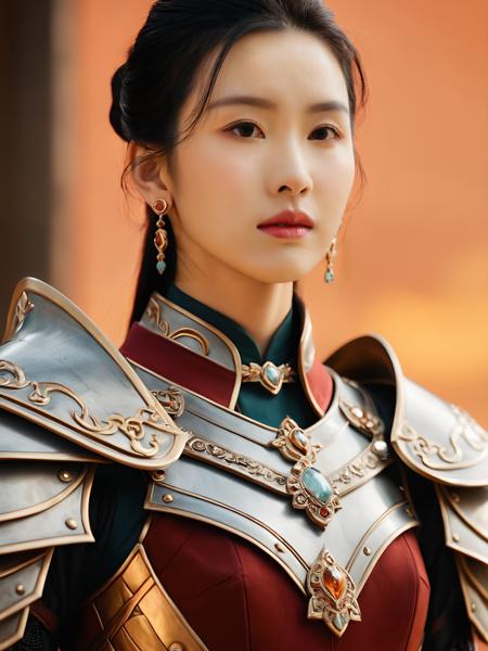 realistic, Skin Textures, High Resolution, Cinematic,long shot, chenduling woman,jewelry,earrings,stunning beautiful,innocent ,<lora:cdl2_ej_JuggXL_1:0.5> wearing armor, in a fantasy scenario, warm color palette,