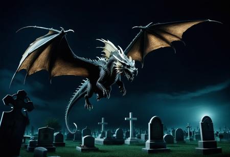 a bone dragon flying over a cemetery, cemetery, at night, darkness, dark fantasy
