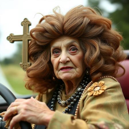 A Fringe Religious leader, She looks like an old (very, very elderly) decrepit movie star from the 1930's that should have faded into obscurity, Mu-Mu's, huge brown wigs, eyelashes you could cut frozen meat with, and a gallon of mascara every three hours. And the jewelry! She is driven around in a immense private car from the 70's with a massive fiberglass crucifix on the top, and scenes from her made up 'religion' on the side of the car. I'm not sure that she isn't a he...