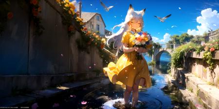 masterpiece, best quality, extremely detailed, detailed background, detailed face, 1girl, dress, flower, long hair, holding hands, outdoors, petals, bouquet, sky, white dress, barefoot, white hair, holding, water, blue sky, smile, cloud, day, yellow dress, holding bouquet, red flower, animal ears, wading, short sleeves, rose, ocean, standing, closed eyes, bird, blue eyes, closed mouth, holding flower, stairs