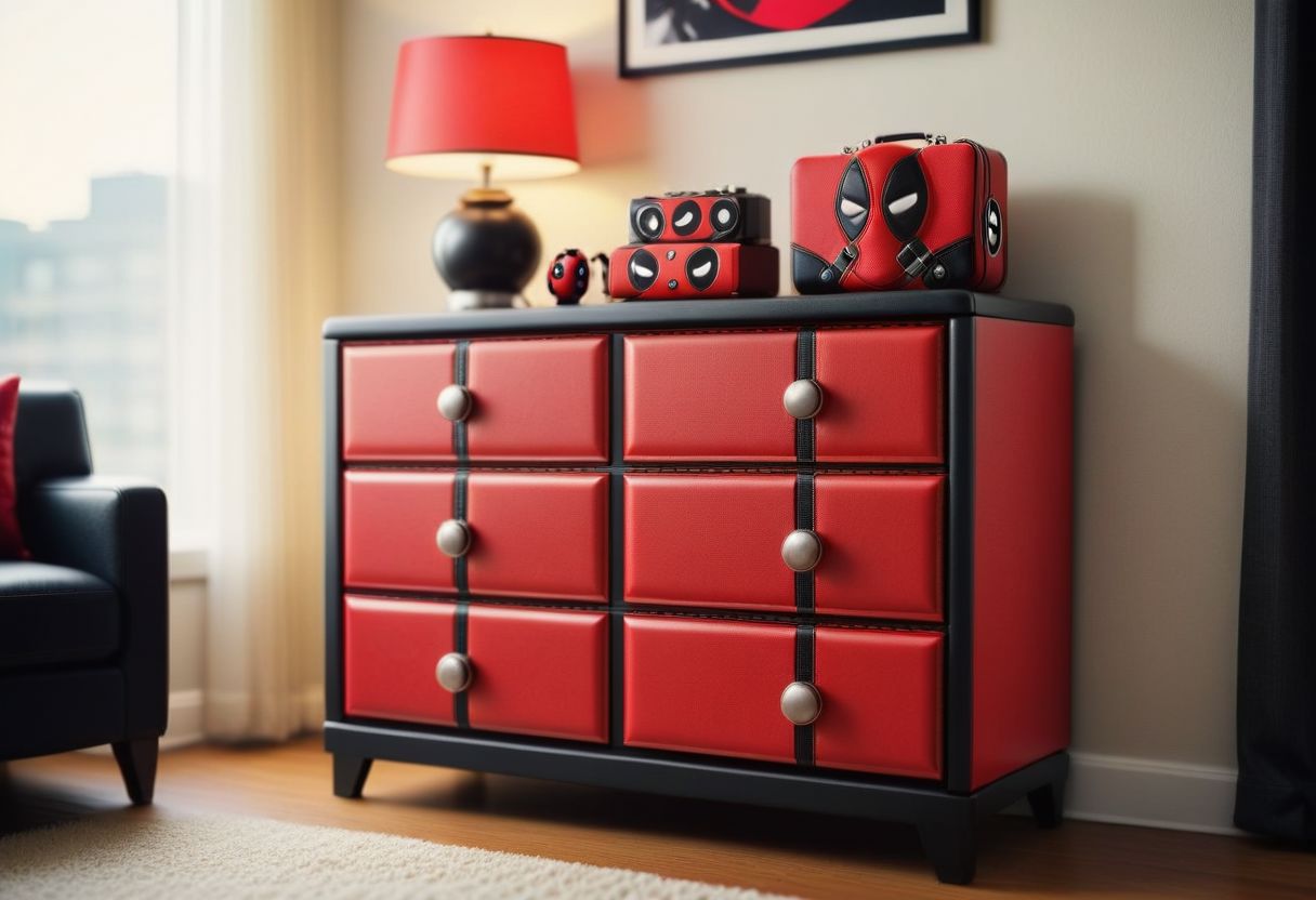 <lora:DeadpoolStyleXL:1>DeadpoolStyle dresser, 24mm, (analog, cinematic, film grain:1.3), Bokeh DOF, (Masterpiece:1.3) (best quality:1.2) (high quality:1.1)