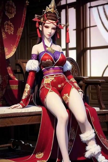 1girl,brown hair,red hanfu,hair ornament,off shoulder, 