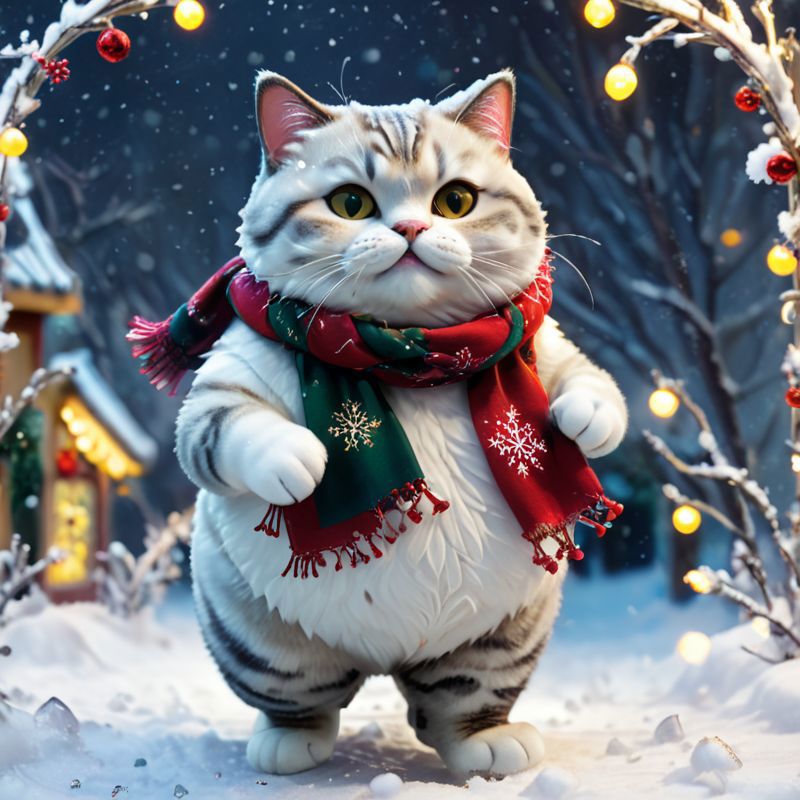 A cartoon cat wearing a scarf and standing in the snow.