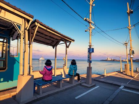 masterpiece, best quality, ultra-detailed, illustration,
shimonadaeki, outdoors, sitting, sky, scenery, ocean, from behind, 2girls, horizon, power lines, multiple girls, black hair, holding hands, short hair, cloud, 1boy, hood, blue sky, pants, sunset, utility pole, facing away, train station
 <lora:shimonadaeki:1>