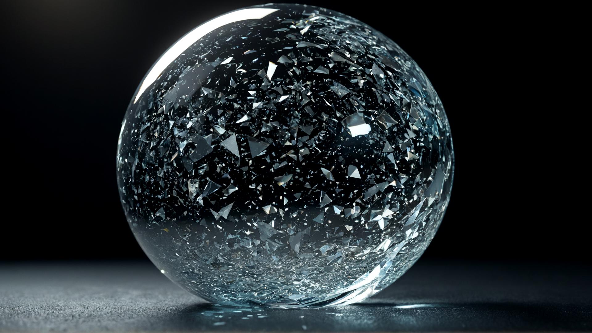 A shattered glass sphere, with shards floating in mid-air. The shards reflect soft light from unseen sources, casting tiny beams of light across the scene. The background is a deep black void, with soft shadows adding depth., Photorealistic, Hyperrealistic, Hyperdetailed, analog style, soft lighting, subsurface scattering, realistic, heavy shadow, masterpiece, best quality, ultra realistic, 8k, golden ratio, Intricate, High Detail, film photography, soft focus