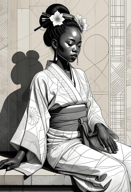 A highly detailed, intricate line-art illustration in the style of Steve McDonald. A young African Geisha. She reclines against a textured concrete surface, wearing a delicate, sheer slip kimono. The composition features mesmerizing line work, fine architectural detailing in the background, and a play of light and shadow through intricate hatching. The overall aesthetic is serene, introspective, and dreamlike, blending realism with a highly structured, almost meditative pattern-based design.