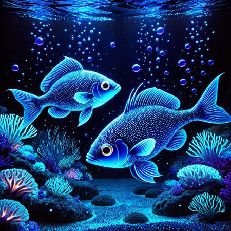 Two stylized, glowing fish, positioned slightly off-center to the left and right of the image.  The fish have a dark, almost black, body with vibrant, luminous, glowing turquoise, blue, and purple patterns and details. The fish's bodies appear almost translucent, with visible outlines that resemble glowing lines.  Their eyes are large, round, and luminous blue.  They are swimming in a dark, underwater scene, with a rocky, coral-like environment, illuminated with colorful lights and bioluminescence.  The environment is composed of dark purple and dark teal hues that create a sense of depth.   Bioluminescent bubbles and spots of light are scattered around the fish and coral.  The lighting is ethereal and emphasizes the fish's glowing features. The composition is symmetrical, with the fish balanced on either side. The overall style is fantastical and digitally rendered.