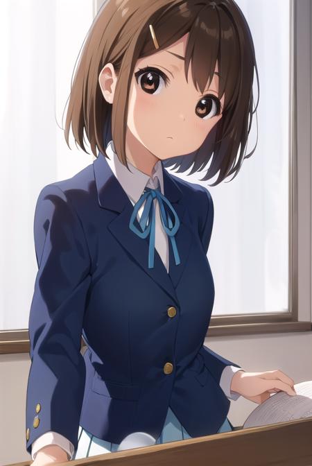 yuihirasawa, <lora:yui hirasawa s2-lora-nochekaiser:1>,
yui hirasawa, short hair, brown hair, hair ornament, (brown eyes:1.5), hairclip,
BREAK sakuragaoka high school uniform, school uniform, uniform, blazer, shirt, white shirt, collared shirt, skirt, pleated skirt,
BREAK indoors, classroom,
BREAK looking at viewer, (cowboy shot:1.5),
BREAK <lyco:GoodHands-beta2:1>, (masterpiece:1.2), best quality, high resolution, unity 8k wallpaper, (illustration:0.8), (beautiful detailed eyes:1.6), extremely detailed face, perfect lighting, extremely detailed CG, (perfect hands, perfect anatomy),