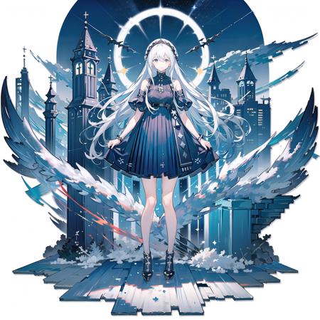 <lora:GachaSplashEXV0:0.6>,(white background:1.5), 1girl, solo, black footwear, long hair, dress, full body, standing, full body, dress, white hair, night sky, stars, skyscrapers, ,