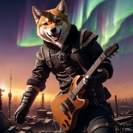 (Highest Quality, 4k, masterpiece:1.1), (realism, photorealistic:1.4), ray traced, hyper realism, soft lighting, detailed background, film grain, (detailed fur texture:1.3),
BREAK
((black metal)) anthro shiba inu plays his guitar on the last day on earth ,(wearing black metal outfit),(( post-apocalyptic destroyed dieselpunk city background)) , fangs , angry, paws,(new dawn), (aurora borealis) , closeup