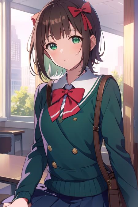 harukaamami, <lyco:harukaamami-LYCORIStest:1>,
haruka amami, brown hair, (green eyes:1.5), short hair, (hair bow:1.5), hair ribbon, bangs, blunt bangs, (small breast:1.2),
BREAK bag, bow, school uniform, serafuku, skirt, sweater, long sleeves, red bow, blue skirt, grey sweater,
BREAK looking at viewer,
BREAK indoors, classroom,
BREAK <lora:GoodHands-vanilla:1>, (masterpiece:1.2), best quality, high resolution, unity 8k wallpaper, (illustration:0.8), (beautiful detailed eyes:1.6), extremely detailed face, perfect lighting, extremely detailed CG, (perfect hands, perfect anatomy),