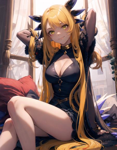 best quality, intricate details, Vritra, sitting, arms behind head, smile, 1girl, dragon girl, dark-skinned female, dark skin, yellow eyes, blonde hair, swept bangs, very long hair, long hair, (horns:dragon horns, multiple horns), breasts, large breasts, cleavage, (dress:black dress+fur-trimmed dress+cleavage cutout, long sleeves), jewelry:piercing, chin piercing, choker+neck ring, armlet, bracelet, facial mark