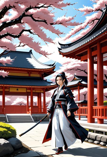Sinoink, female samurai, katana , temple, tea, sakura, cherry