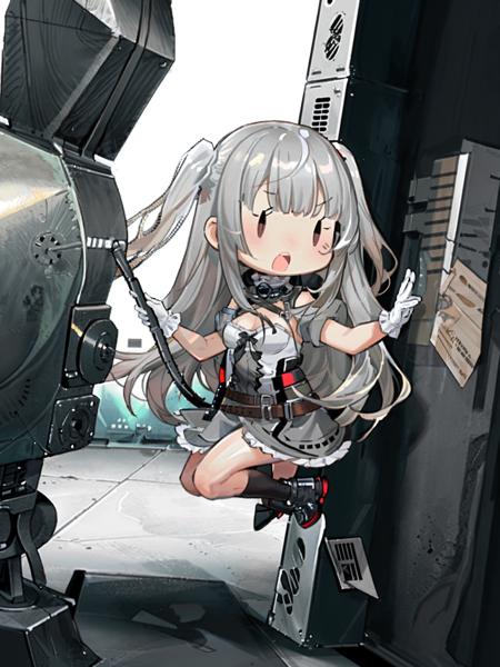 fairy \(kancolle\), 1girl, solo, dress, long hair, white gloves, white dress, simple background, gloves, white background, two side up, boots, chibi, frilled dress, breasts, grey hair, layered dress, black footwear, grey dress, open mouth, full body, large breasts, short sleeves, blush, frills, two-tone dress, original, intricate detail, illustration, masterpiece, extremely detailed CG unity 8k wallpaper, highlight, sharpening, dynamic, <lora:Fairy-3:1>