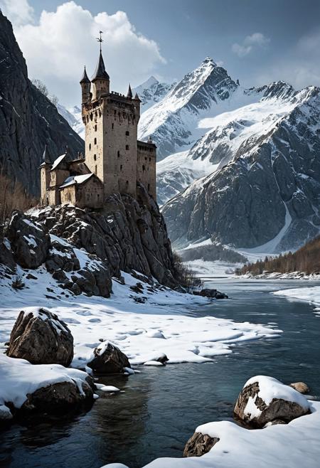 hyperrealistic art  a wanderer between worlds in flowing clothes, (epic landscape:1.5),  (style Historical drawing), (style Historical painting),best quality, masterpiece, extremely detailed,  professional  art,  professional painting, an extremely delicate and beautiful, dynamic,  great lighting, perfect shading, professional shading, depth of field,   side soft light, elegant, gorgeous, highly detailed,   full shot, uncropped,   pure genious, absolutely perfect,  highly detailed, breathtaking,
Frozen lake with crack patterns, birch bark peeling scrolls, stone tidal fish trap,mountain-pass fortress remains where avalanche-sculpted battlements host condor nests, their strategic positions still contested by territorial eagle sentries , extremely high-resolution details, photographic, realism pushed to extreme, fine texture, incredibly lifelike