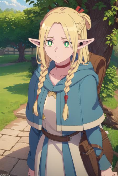 marcilledonato, <lora:marcille donato-lora-nochekaiser:1>,
marcille donato, long hair, blonde hair, (green eyes:1.3), braid, pointy ears, twin braids, elf, (bright pupils:1.5), (parted bangs:1.5),
BREAK choker, robe, red choker,
BREAK outdoors, nature, forest, trees, grass, river, sun, sky, clouds,
BREAK looking at viewer, (cowboy shot:1.5),
BREAK <lyco:GoodHands-beta2:1>, (masterpiece:1.2), best quality, high resolution, unity 8k wallpaper, (illustration:0.8), (beautiful detailed eyes:1.6), extremely detailed face, perfect lighting, extremely detailed CG, (perfect hands, perfect anatomy),