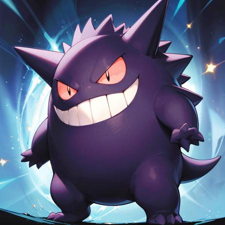 ((masterpiece,best quality)), absurdres,
<lora:Gengar_Pokemon_v2_Anime:0.7>, Gengar_Pokemon,  no humans, pokemon \(creature\),
solo, smiling, looking at viewer, 
purple theme, cinematic composition,