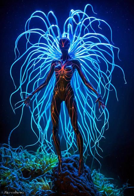 A dazzlingly shimmering sonic symbiote radiates bioluminescent hues, embodying a captivating blend of enchantment and vibrancy. Its luminescent tendrils pulsate with vivid colors, while its ethereal form undulates gracefully. By alex1shved. This mesmerizing subject is showcased in an impeccably detailed photograph.