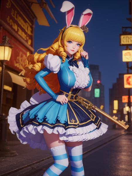 WZRYdajiALSXJ,1girl,solo,rabbit ears,blonde hair,blue eyes,drill hair,dress,long hair,striped thighhighs,looking at viewer,frills,breasts,<lora:WZRYdajiALSXJii:0.75>,cityscape,night,mature female,cowboy shot,key,hand on hip,