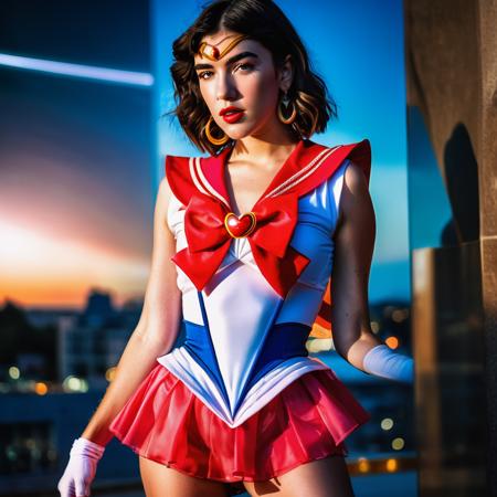 A vibrant photograph of Dua Lipa dressed as sailor moon, sailor senshi uniform, (red bow), wide-angle lens,wide shot, full body, legs, waist,  ((looking at viewer)), (looking into the camera), front view, detailed face, freckles,amber eyes,  hyper realistic,  natural lightning, perfect shadows, 35mm photograph, film, professional, 8k, highly detailed,from  movie, (cleavage:1.2) , high budget, bokeh, cinemascope, moody, epic, gorgeous, cinemascope, moody, <lora:xl_sailor_senshi_uniform-1.0:1>