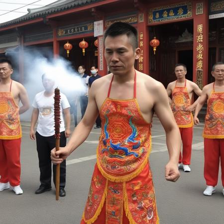 A young oracle, known as a "Ji Tong" in Taiwanese folk religion, is captured in a moment of trance-like intensity ,   <lora:houseman:0.75> ,housemanku, ku,Dressed in vibrant, traditional garments adorned with intricate embroidery and talismans, the Ji Tong is in the midst of a ritual. The setting is a bustling Taiwanese temple, filled with the smoke of incense and the fervent energy of devotees. The Ji Tong holds ritualistic tools in hand, perhaps a pair of crescent-shaped wooden blocks or a spiritual sword. The lighting is dramatic, casting shadows that accentuate the oracle's focused expression and the intricate details of the garments. The atmosphere is thick with the scent of incense and the murmurs of prayers, adding a layer of sensory depth to the image. Medium: Digital Photography. Style: Photojournalistic with a focus on cultural authenticity. Lighting: Natural temple lighting supplemented with soft, directional light to highlight the Ji Tong. Colors: Rich and vibrant to capture the essence of the ritual garments and temple decorations. Composition: A close-up shot that captures the Ji Tong and the immediate surroundings, with a blurred background to focus attention on the subject. Use photo hyper-realism, highly detailed, and high-resolution,<lora:dangi:0.6>