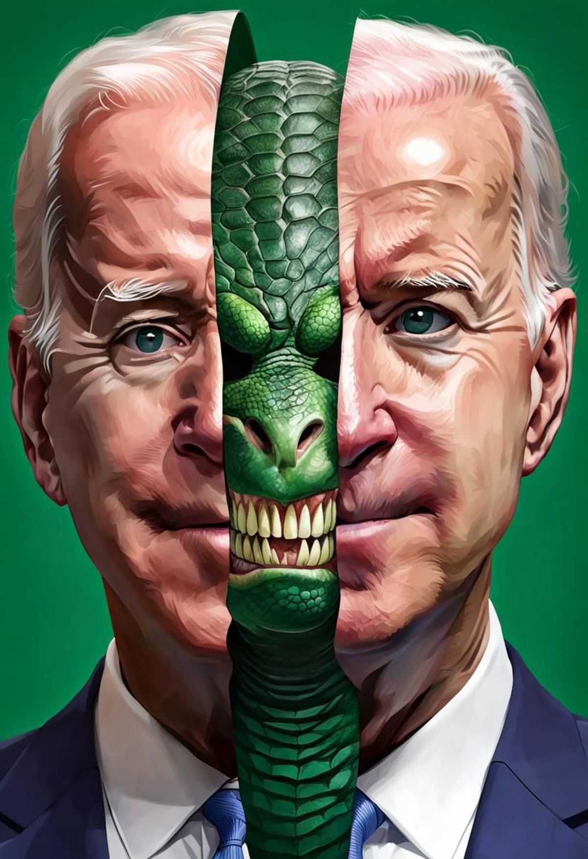 Biden's face with a snake and a dragon.