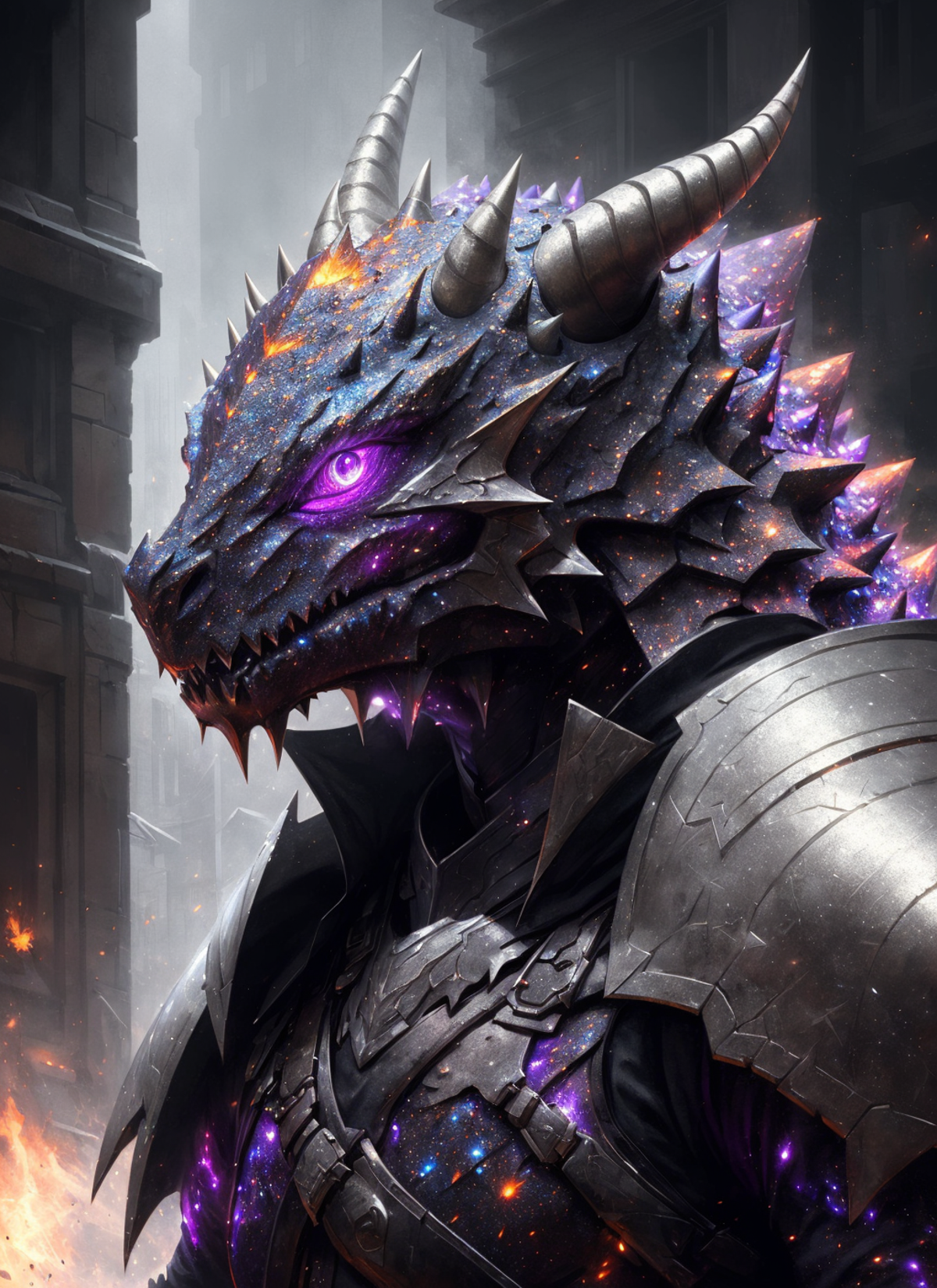 A 3D rendered dragon with purple eyes and spiky horns on its head, standing in front of a building.