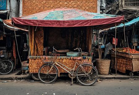 A bicycle parked on a Jakarta street, completely covered in Batik — from the frame to the seat and even the tires. The Batik pattern is bold and high-contrast, incorporating traditional motifs reimagined in modern metallic inks. Background shows a street market with subtle Batik influences: awnings, clothing, even the vendor carts. Surreal but grounded in urban realism, vibrant and playful.