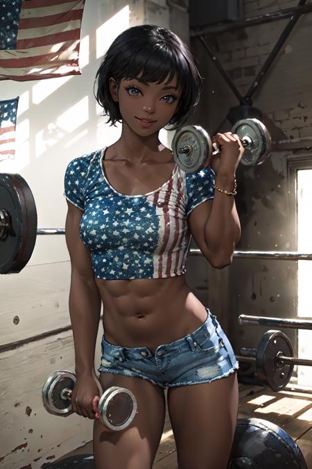 (Masterpiece:1.4), (high quality:1.2), (best quality:1.2), 1girl, solo, indoors, sport gym background, full body, 
lips, midriff, crop top, breasts, bracelet, 
<lora:StarsAndStripesJeans_v1:0.7>, starsandstripesjeans, black hair, dark skin, dark-skinned female, shorts, shirt, sitting, very dark skin, nail polish, short hair, smile, denim, sneakers, (body builder shape:1.2), short sleeves